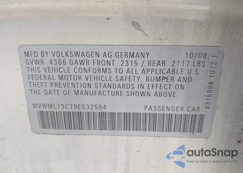 2009 Volkswagen Cc Sport from USA, damaged, VIN WVWML73C79E532594
